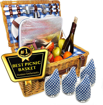 Nature Gear Picnic Basket, Wicker Basket with Handle for Outdoors, Insulated Woven Basket, Includes a Service Kit of Dinnerware & Wine Glasses, Picnic Basket Set for 4, Blue & White - color: Blue & White