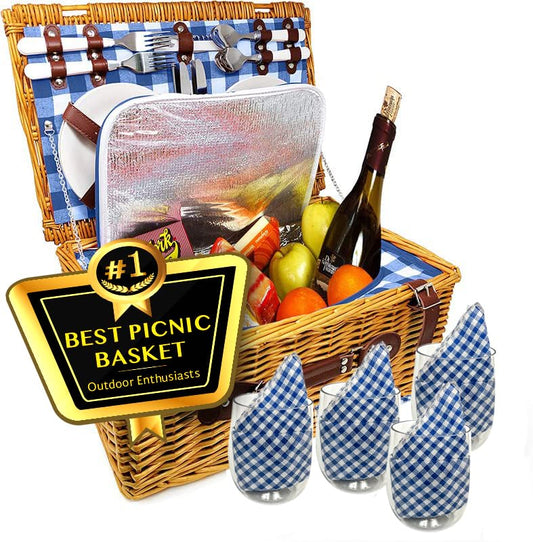 Nature Gear Picnic Basket, Wicker Basket with Handle for Outdoors, Insulated Woven Basket, Includes a Service Kit of Dinnerware & Wine Glasses, Picnic Basket Set for 4, Blue & White - color: Blue & White