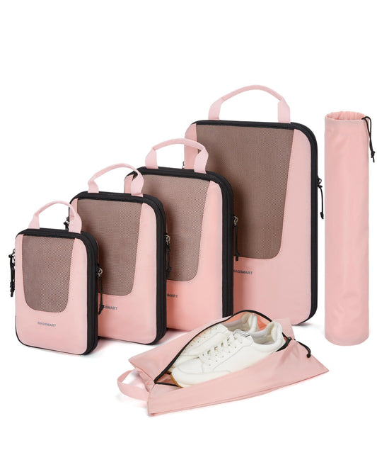 BAGSMART Compression Packing Cubes for Travel, 6/5/4set Lightweight Packing Organizers, Summer Travel Essentials Suitcase Organizer Bags Set - color: B-Baby Pink, size: 6 Set-Compress