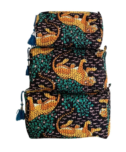 YILLE Set of 3 Pieces Block Printed Travel Organizer Kit Storage Bag for Women Makeup Bag Travel Cosmetic Bag (Black Cheetah) - color: Black Cheetah