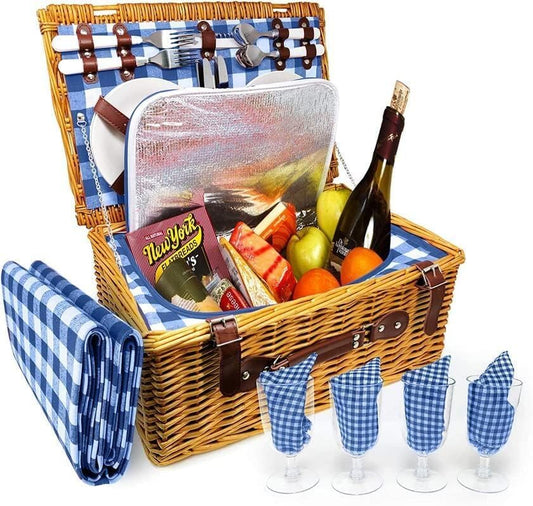 Nature Gear Picnic Basket, Wicker Basket with Handle for Outdoors, Insulated Woven Basket, Includes a Service Kit of Dinnerware & Wine Glasses, Picnic Basket Set for 4 with Blanket, Blue & White - color: Blue & White & Blanket