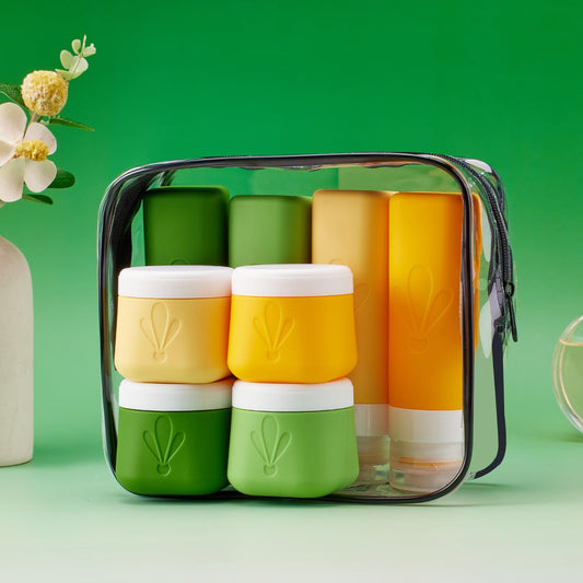 INSFIT travel bottles for toiletries 8 Pack, Leak proof Travel Size Toiletries Containers with toiletry bag, Squeezable Silicone Bottles & Cream Jars, Travel Essentials BPA-Free kit for Shampoo - color: 8Pack Green
