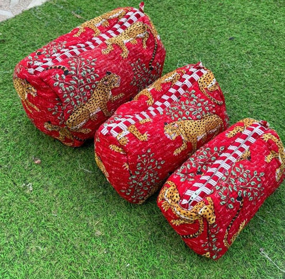 YILLE Set of 3 Pieces Block Printed Travel Organizer Kit Storage Bag for Women Makeup Bag Travel Cosmetic Bag (Red Cheetah) - color: Red Cheetah