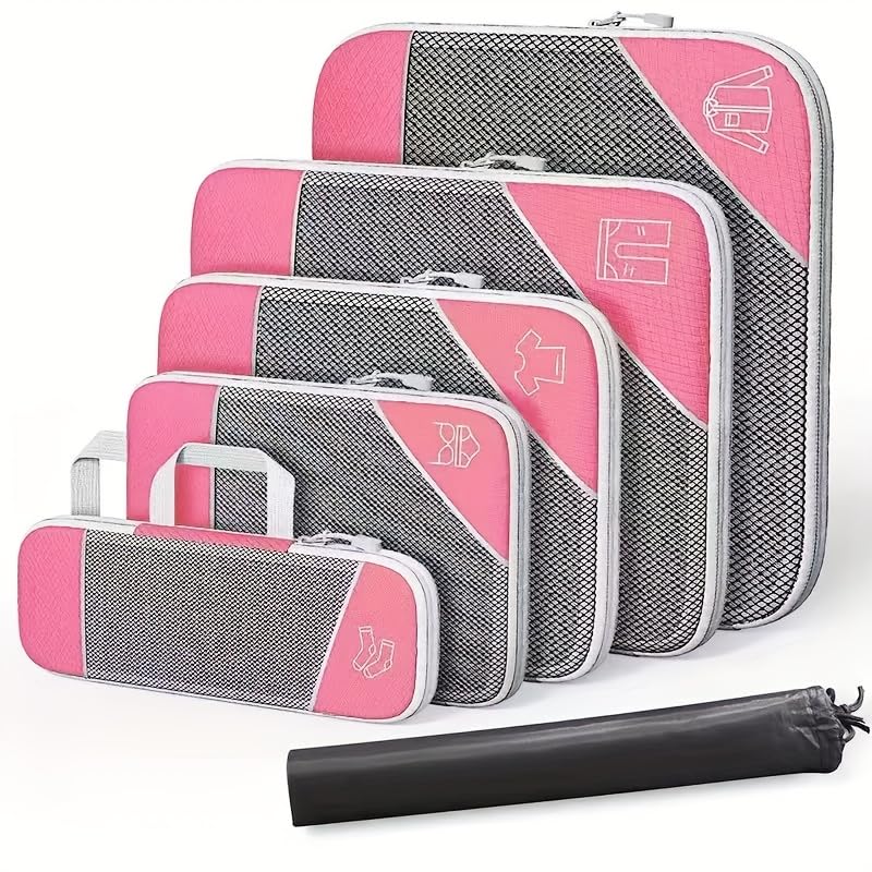 6Pcs Compression Packing Cubes Set, Waterproof Travel Luggage Organizer with Drawstring Bag, Lightweight Nylon Suitcase Storage Bags for Travel Camping Business Trip - color: Pink