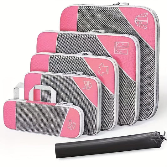 6Pcs Compression Packing Cubes Set, Waterproof Travel Luggage Organizer with Drawstring Bag, Lightweight Nylon Suitcase Storage Bags for Travel Camping Business Trip - color: Pink