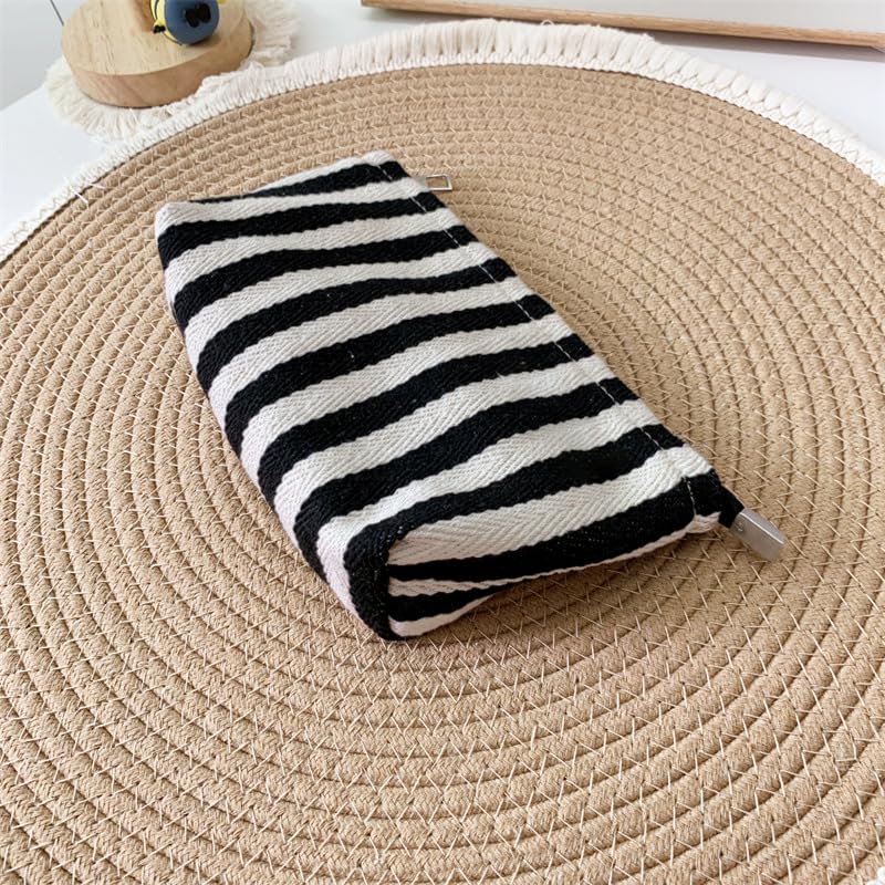 HAPPYHEIDI Small Black White Stripe Makeup Brush Bag Zipper Pouch Women Girls Purse Organizer,Canvas Lined, Premium Zipper - color: Classic Black White Stripes Medium