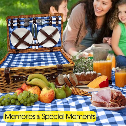 Nature Gear Picnic Basket, Wicker Basket with Handle for Outdoors, Insulated Woven Basket, Includes a Service Kit of Dinnerware & Wine Glasses, Picnic Basket Set for 4, Blue & White - color: Blue & White