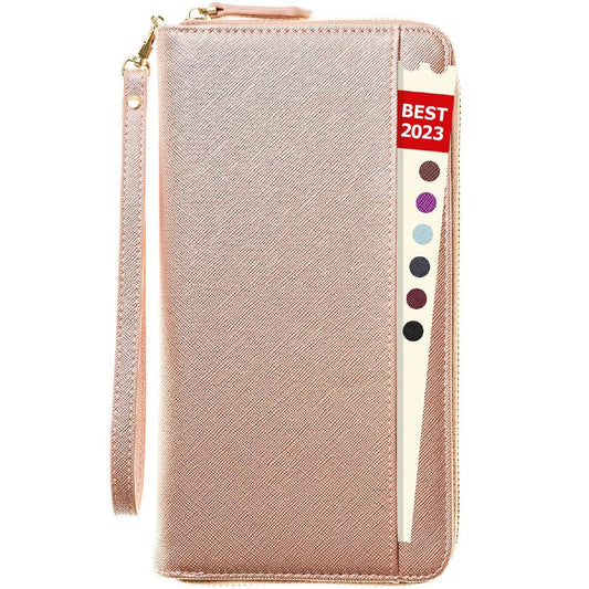 Travel Document Organizer - RFID Passport Wallet Case Family Holder Id Wristlet - color: Family Rose Gold