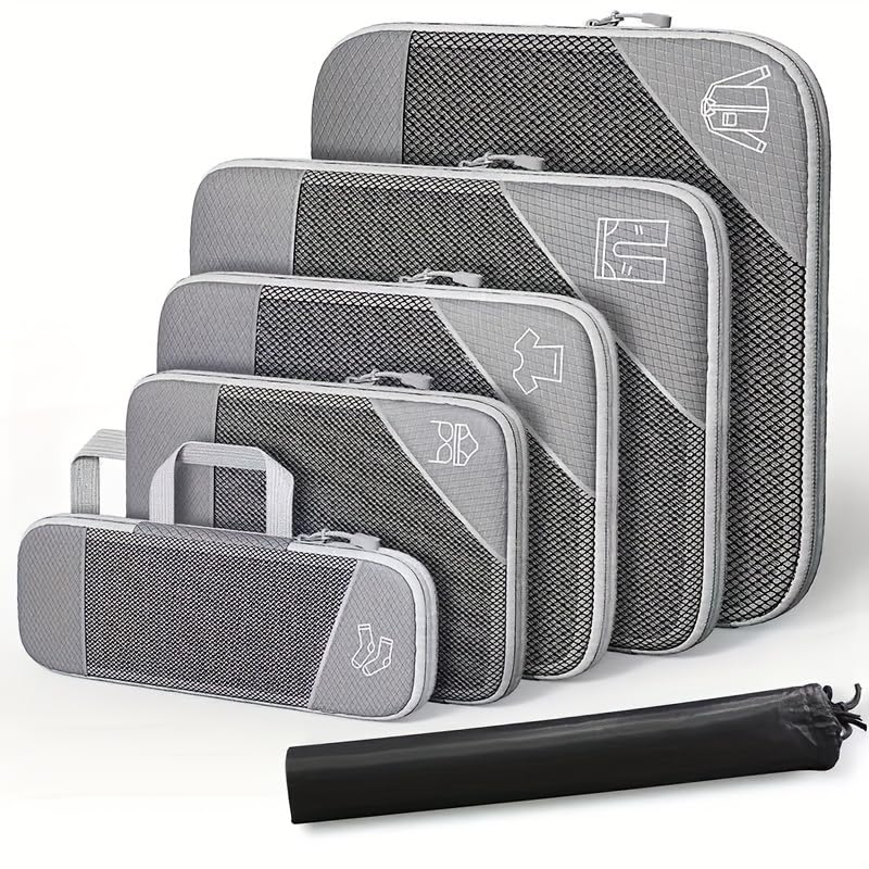 6Pcs Compression Packing Cubes Set, Waterproof Travel Luggage Organizer with Drawstring Bag, Lightweight Nylon Suitcase Storage Bags for Travel Camping Business Trip - color: Grey