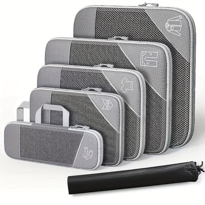 6Pcs Compression Packing Cubes Set, Waterproof Travel Luggage Organizer with Drawstring Bag, Lightweight Nylon Suitcase Storage Bags for Travel Camping Business Trip - color: Grey