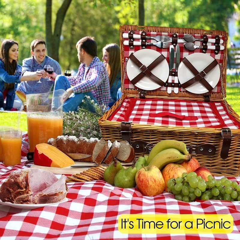 Nature Gear Picnic Basket, Wicker Basket with Handle for Outdoors, Insulated Woven Basket, Includes a Service Kit of Dinnerware & Wine Glasses, Picnic Basket Set for 4 with Blanket, Red & White - color: Red & White & Blanket