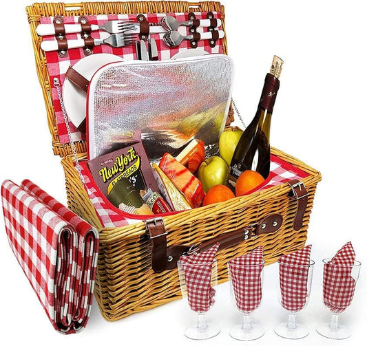 Nature Gear Picnic Basket, Wicker Basket with Handle for Outdoors, Insulated Woven Basket, Includes a Service Kit of Dinnerware & Wine Glasses, Picnic Basket Set for 4 with Blanket, Red & White - color: Red & White & Blanket