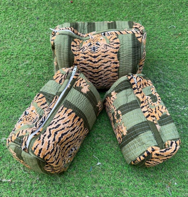 YILLE Set of 3 Pieces Block Printed Travel Organizer Kit Storage Bag for Women Makeup Bag Travel Cosmetic Bag (Dark Green Fat Tiger) - color: Dark Green Fat Tiger