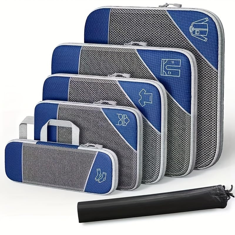6Pcs Compression Packing Cubes Set, Waterproof Travel Luggage Organizer with Drawstring Bag, Lightweight Nylon Suitcase Storage Bags for Travel Camping Business Trip - color: Dark blue