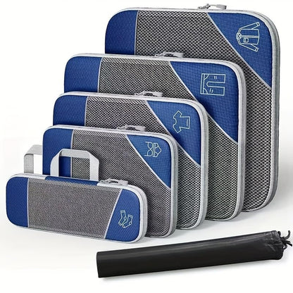 6Pcs Compression Packing Cubes Set, Waterproof Travel Luggage Organizer with Drawstring Bag, Lightweight Nylon Suitcase Storage Bags for Travel Camping Business Trip - color: Dark blue