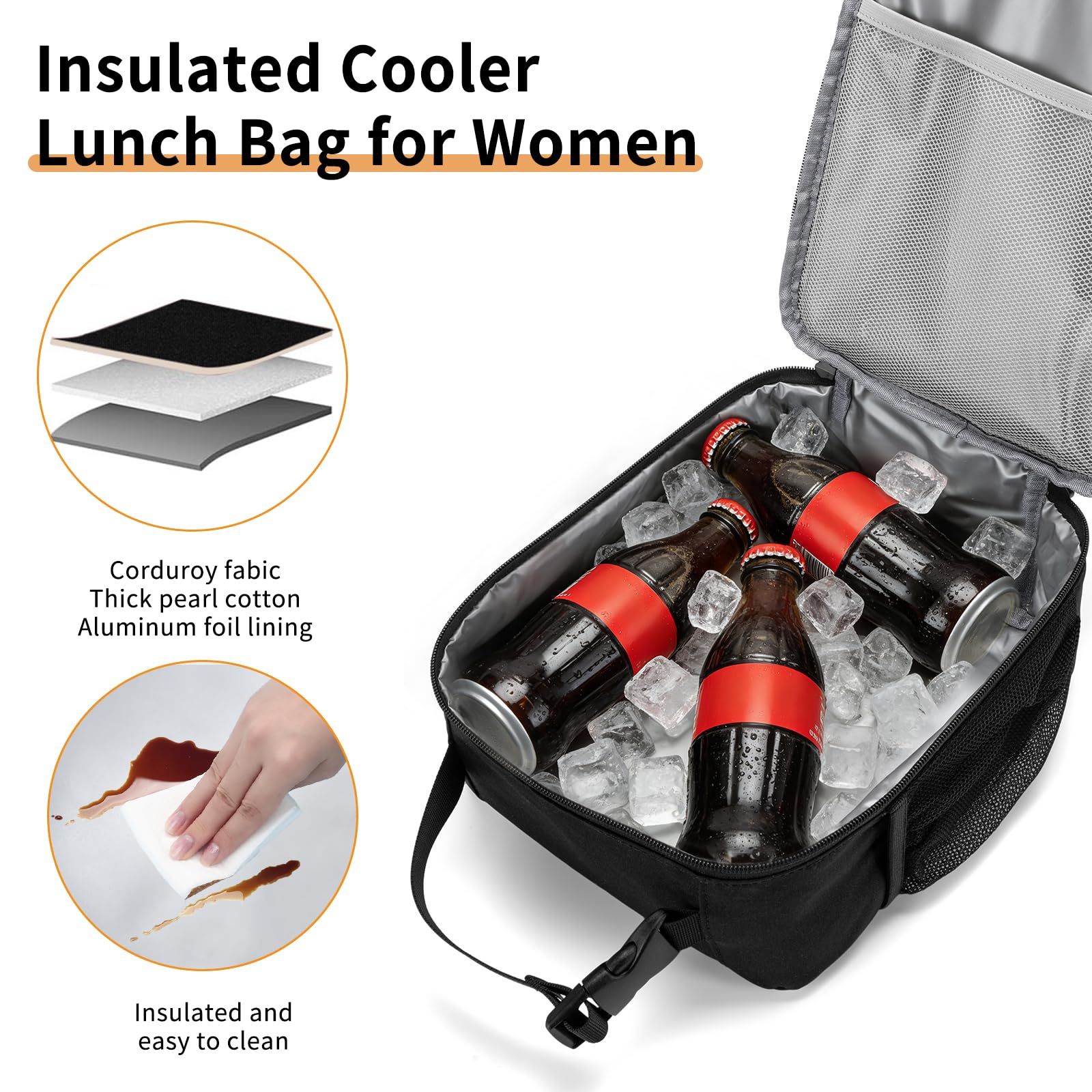Lunch Box for Women Men Adult Insulated Lunch Bag Women Men Small Reusable Lunchbox for Work Picnic Travel (Black) - color: Black