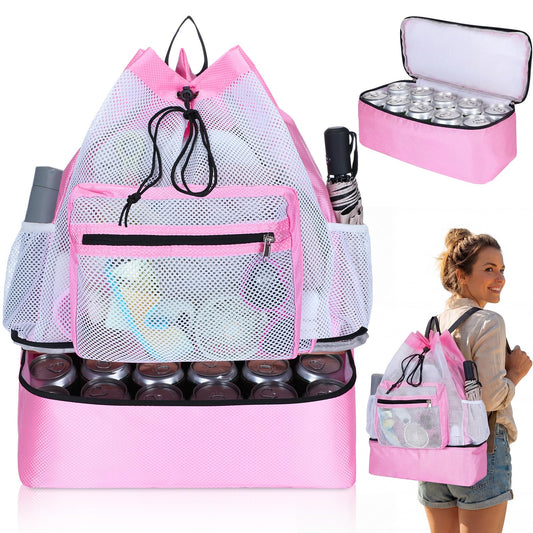 Mesh Beach Drawstring Backpack with Cooler Beach Bags Sandproof Swim Bags Leakproof with Zipper for Seaside Pool Travel - color: Pink
