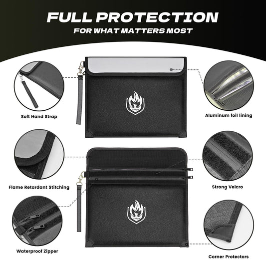 Andyer 2 Pockets Fireproof Document Bag, 6200°F Heat Shield for Valuables | 10-Layer Waterproof Fireproof Money Bag with Reflective Strip, Fire Proof Bag for Cash, Fire Safe Pouch for Home Emergency - color: Black